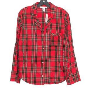 NWT Victorias Secret Pajama Top Cottage Dark Academia Button Up Plaid Red Medium